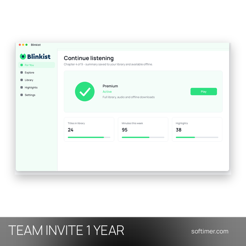 Blinkist Premium - INVITATION ÉQUIPE 1 an - Web / iOS / Android