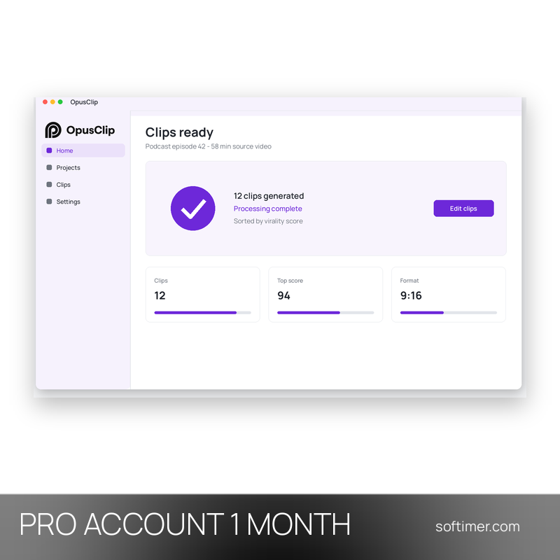 OpusClip Pro 900 кредитов - 1 месяц - ACCOUNT