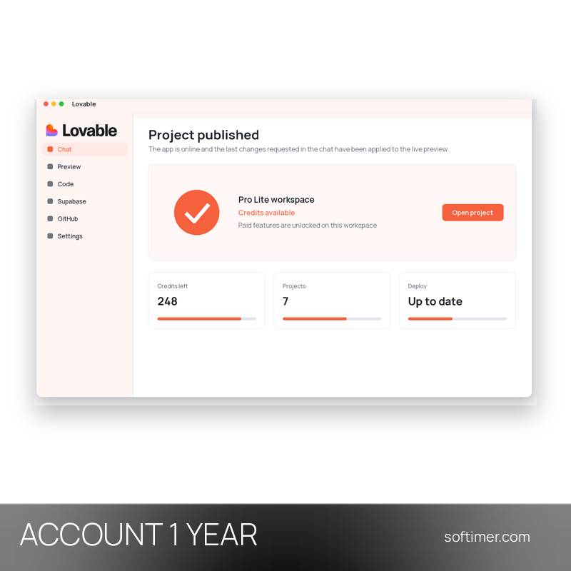 Lovable Pro Lite 304 credits - 1 Year - ACCOUNT