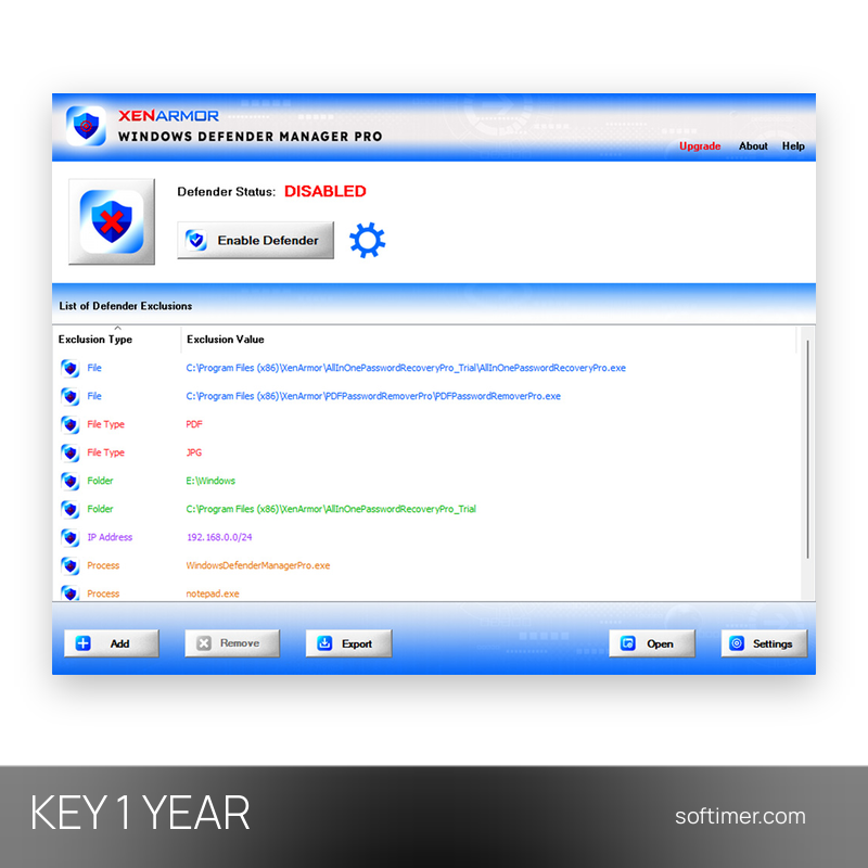XenArmor Windows Defender Manager Pro Basic Edition - 1 Year License KEY - Windows