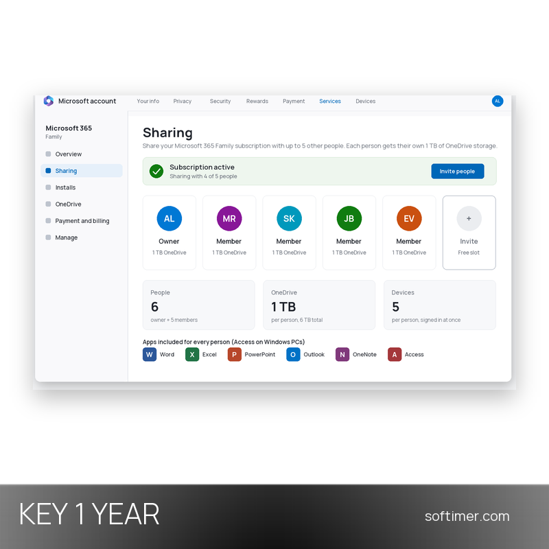 Microsoft 365 Family - 6 Users / 1 Year License KEY - Windows / Mac / Android / iOS