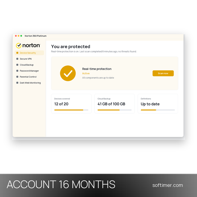 Norton 360 Platinum - 20 appareils / 16 mois - ACCOUNT