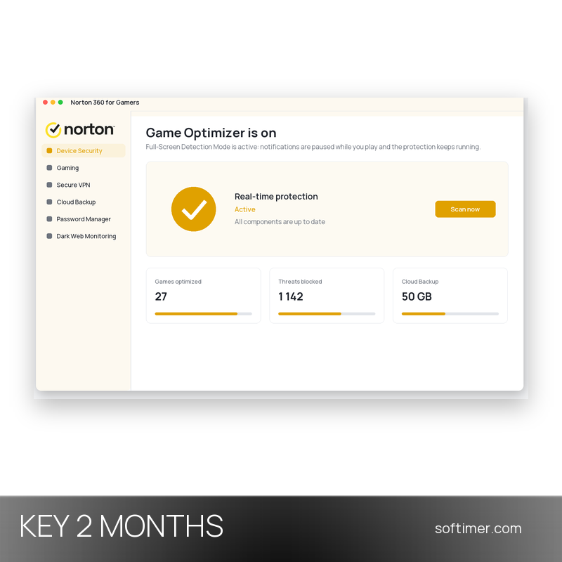 Norton 360 for Gamers - CHIAVE di licenza 2 mesi / 3 dispositivi - Windows / Mac / Android / iOS