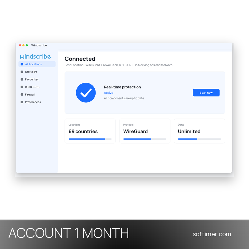 Windscribe Pro - unbegrenzte Anzahl Geräte / 1 Monat - ACCOUNT