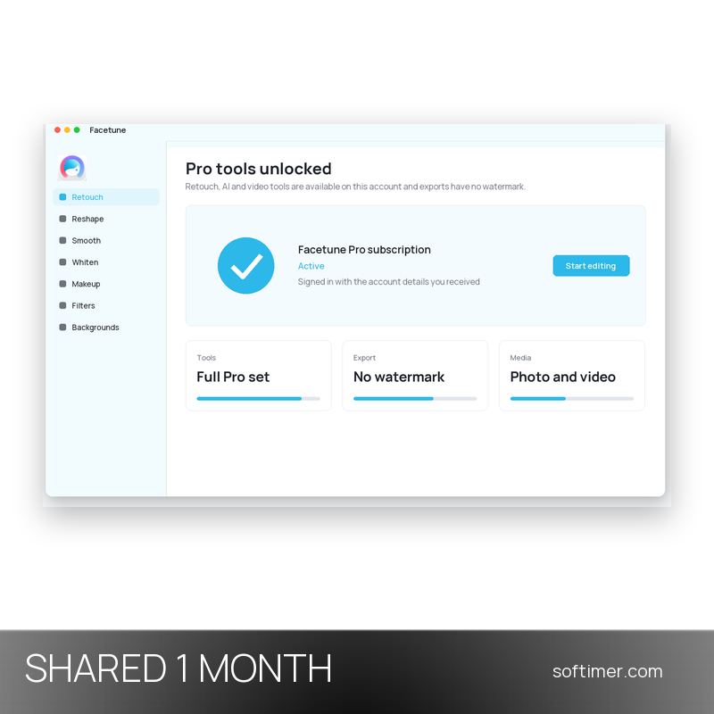 Facetune Pro - 1 Month - Shared ACCOUNT