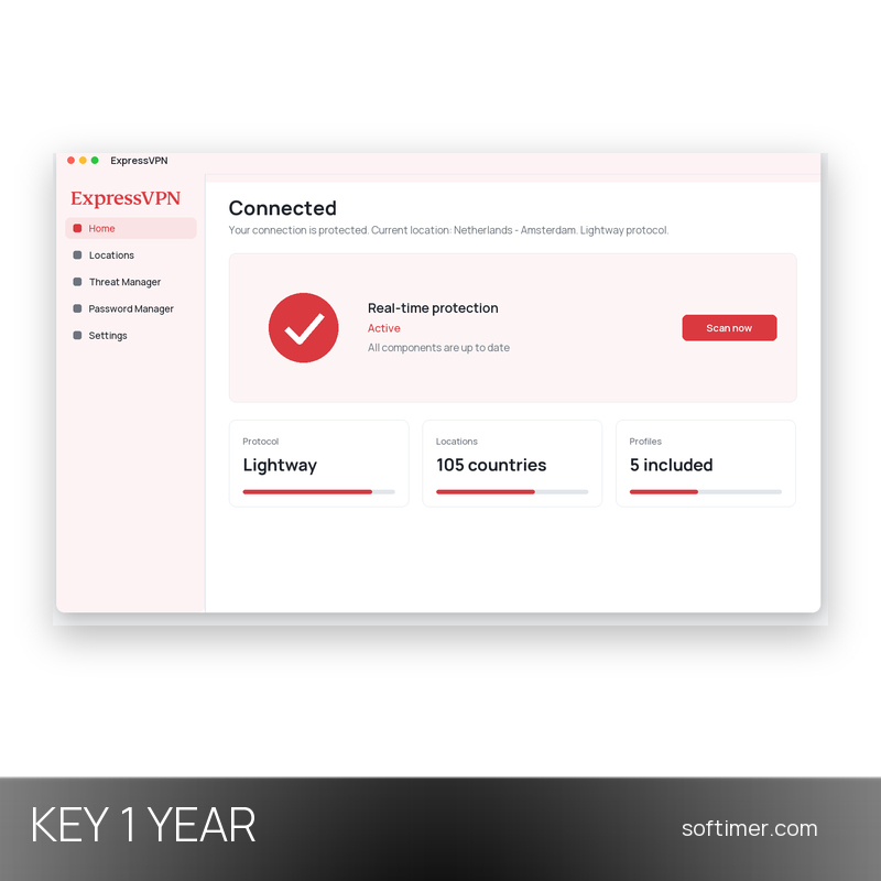 ExpressVPN - Лицензионный ключ на 1 год / 2 устройства - Mac / Windows