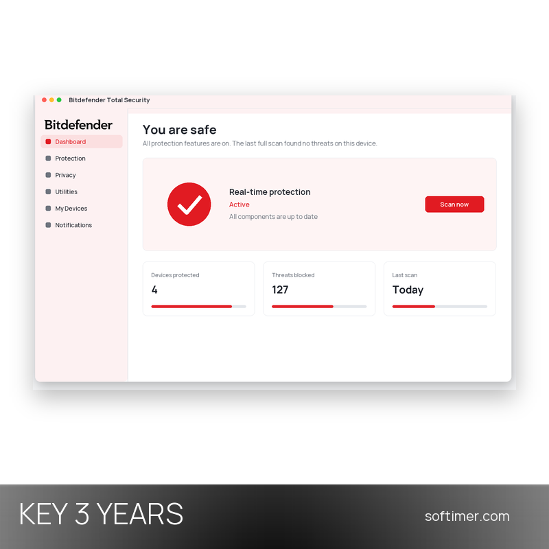 Bitdefender Total Security - Лицензионный ключ на 3 года / 3 устройства - Windows / Mac / Android / iOS
