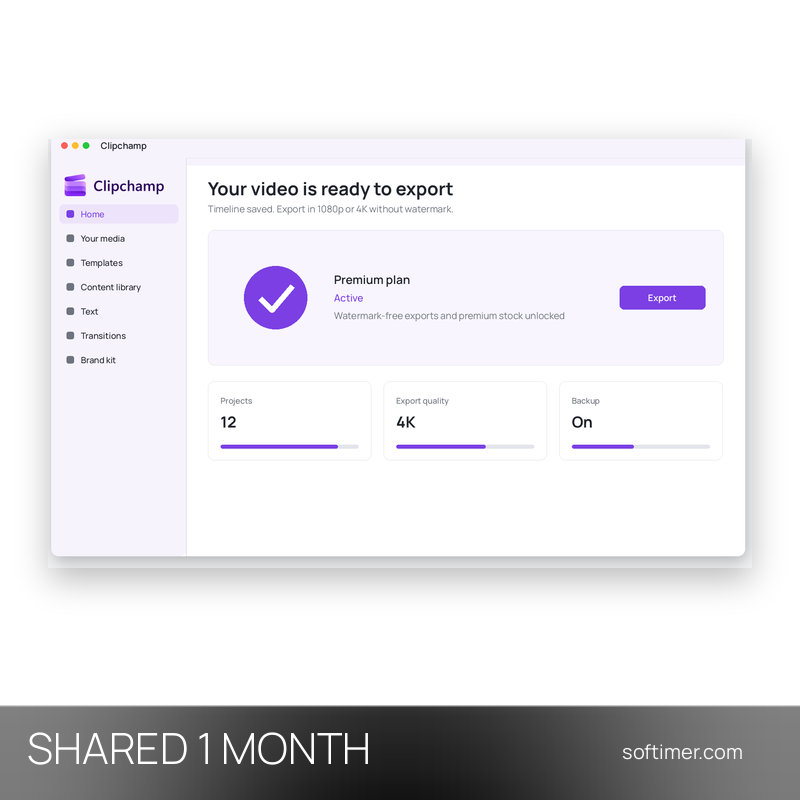 Clipchamp Premium - 1 месяц - Общий ACCOUNT