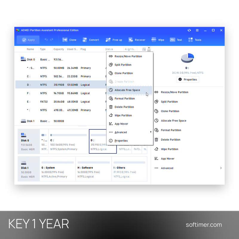 AOMEI Partition Assistant Professional - CHIAVE di licenza 1 anno - Windows