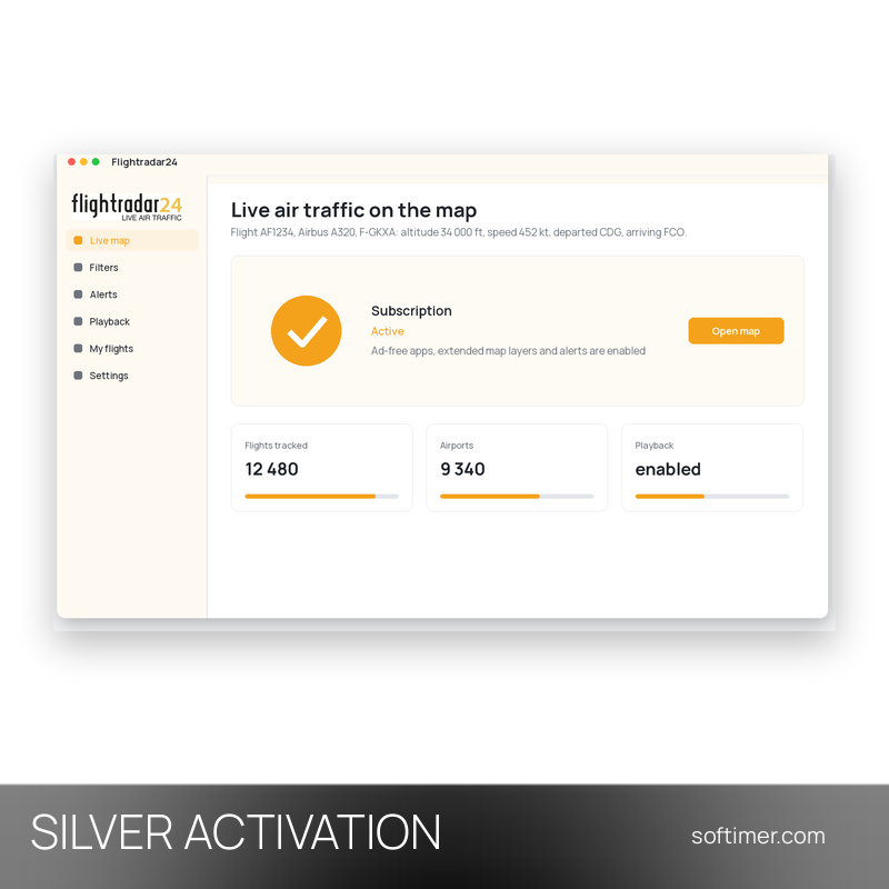 Flightradar24 Silver - AKTIVIERUNG auf Ihrem Konto 1 Monat - Multiplattform