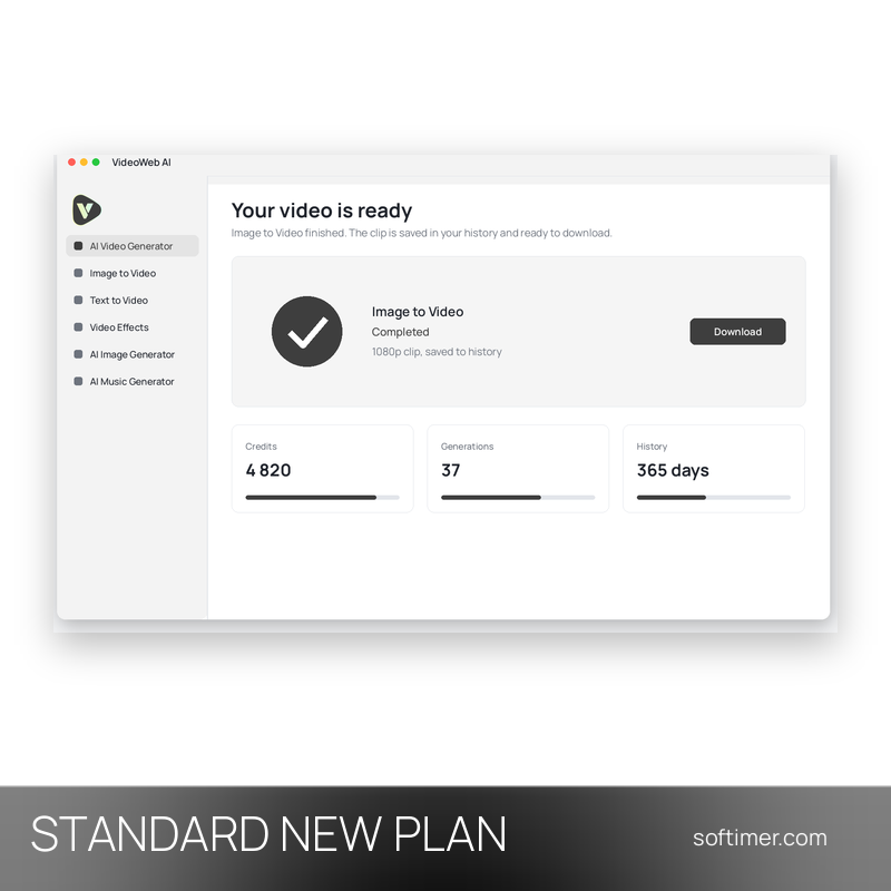 VideoWeb AI Standard - NOUVEL ABONNEMENT sur votre e-mail 1 mois - Web
