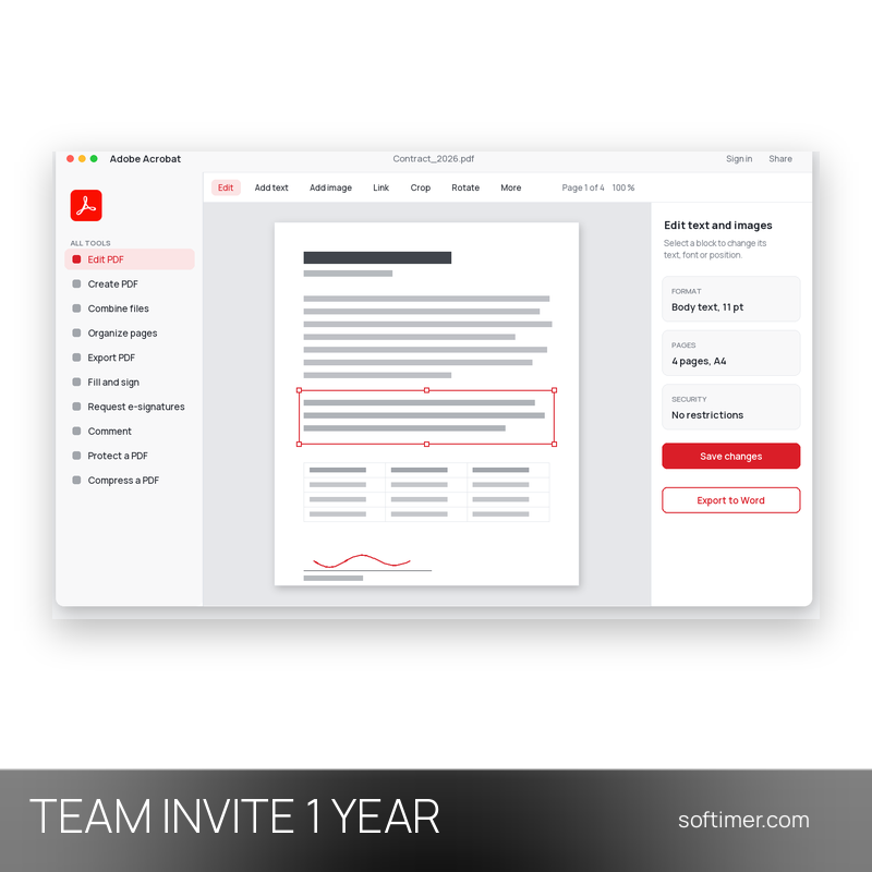 Adobe Acrobat Pro - ПРИГЛАШЕНИЕ В КОМАНДУ на 1 год / 2 устройства - Mac / Windows