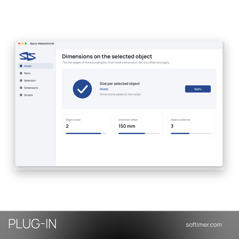 Size-per-Selected-Object-Skript für Bazis-Mebelshchik - PLUG-IN-Lizenz - Windows