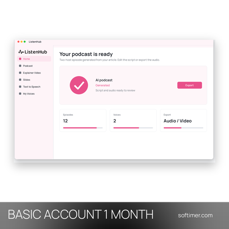 ListenHub Basic 1300 crediti - 1 mese - ACCOUNT