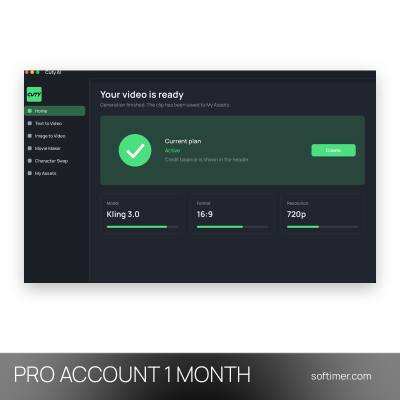 Cuty AI Pro - 1 000 кредитов - 1 месяц - ACCOUNT