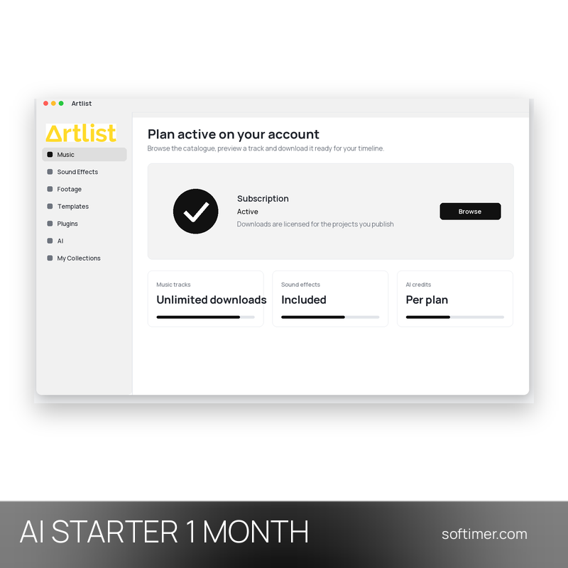 Artlist AI Starter 16500 crediti - 1 mese - ACCOUNT