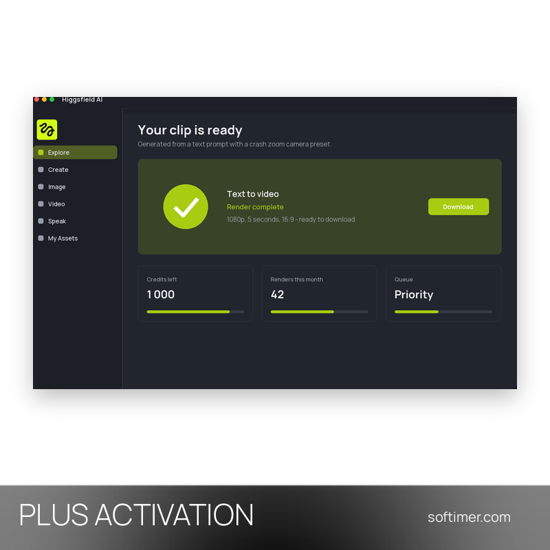 Higgsfield AI Plus 1000 credits - 1 Month ACTIVATION on your account - Web