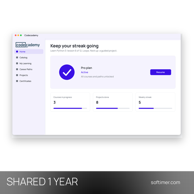 Codecademy Pro - 1 an - ACCOUNT partagé