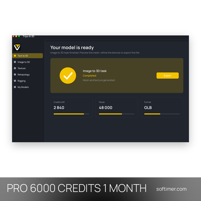 Tripo AI 3D Pro (6000 crédits) - 1 mois - ACCOUNT