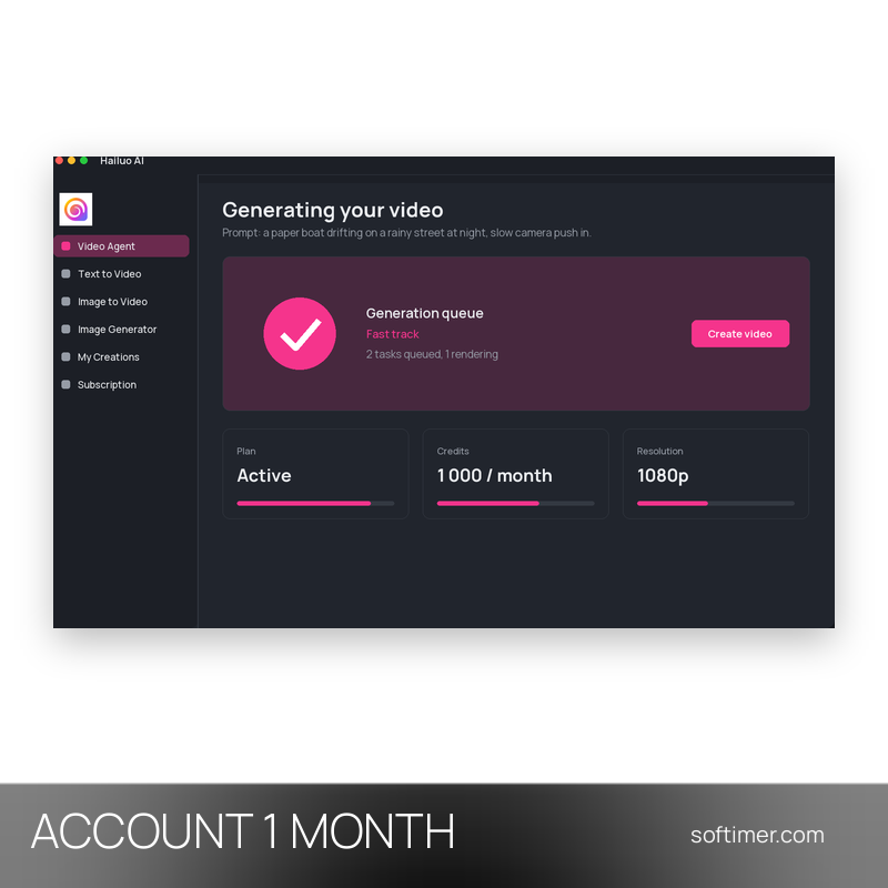 Hailuo AI Standard + 2000 доп. кредитов - 1 месяц - ACCOUNT