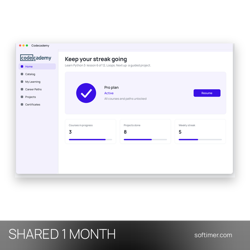 Codecademy Pro - 1 Month - Shared ACCOUNT